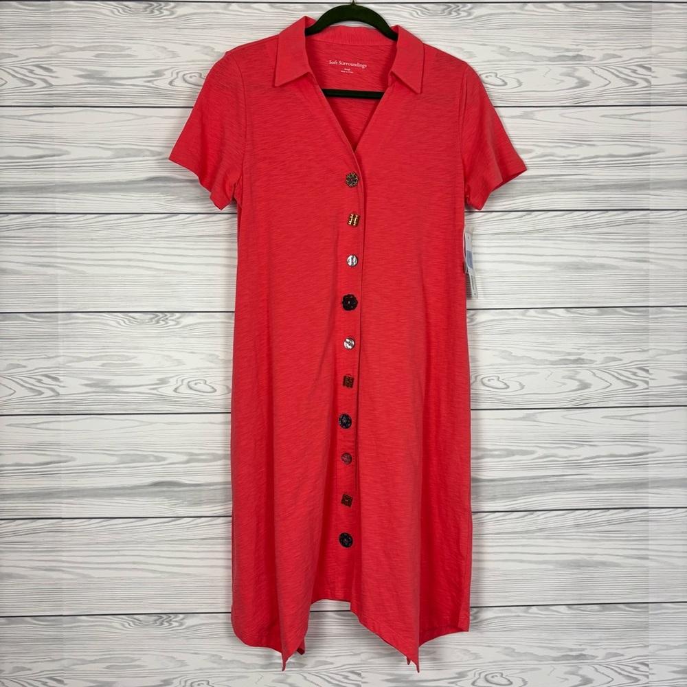 Soft Surroundings Danielle Button Dress Sunset Coral Beachy NWT Coastal Small - Picture 2 of 10